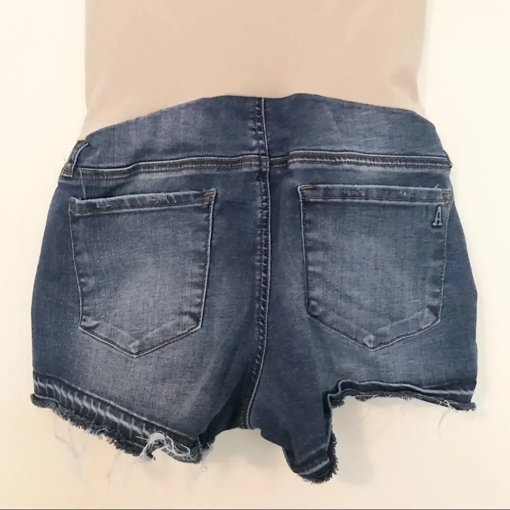 AOS distressed faded stretchy maternity full panel denim jean cutoff shorts S 26